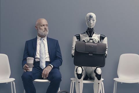 AI robot sitting with a man in chairs waiting for a job interview