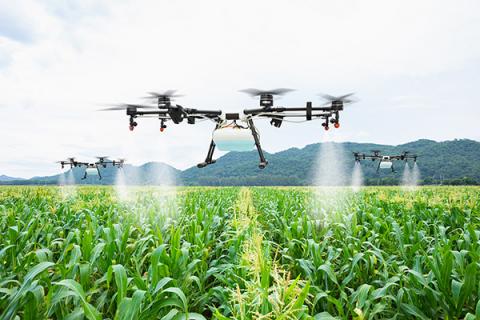 drone crop spraying over field