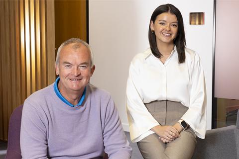 Jonathan Combe and Jessica Gray in the Business Lounge at Muckle's office