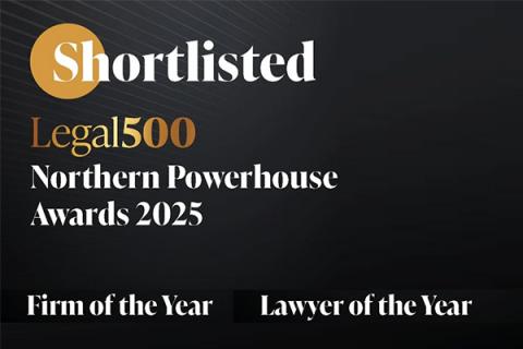 Legal 500 awards shortlist logo in white and gold text on a black background