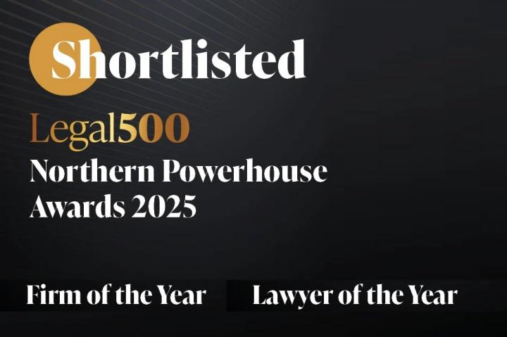 Legal 500 awards shortlist logo in white and gold text on a black background