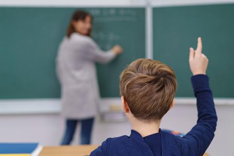 Boy participating in lesson at school, asking teacher a question