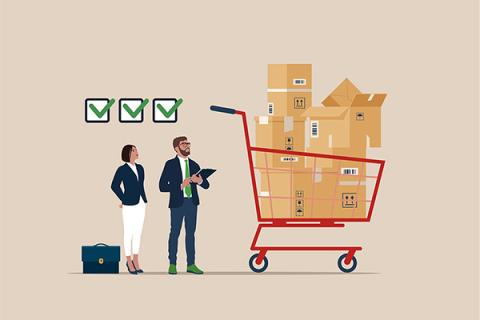 Drawing of a man and woman standing next to a large red shopping cart with cardboard boxes inside