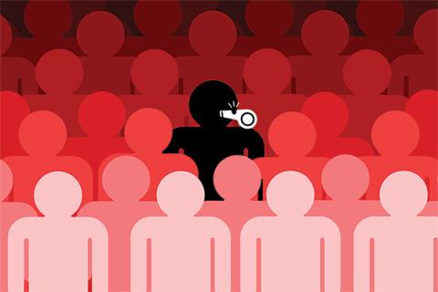 Digital image of a person blowing a whistle in a crowd