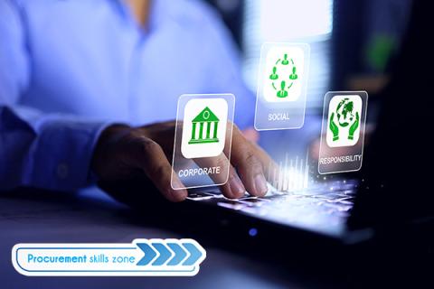 A laptop screen showing corporate social responsibility icons