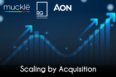 a blue and navy image of a arrow/bar chart graphic with an overlay of the muckle, RG and AON logos